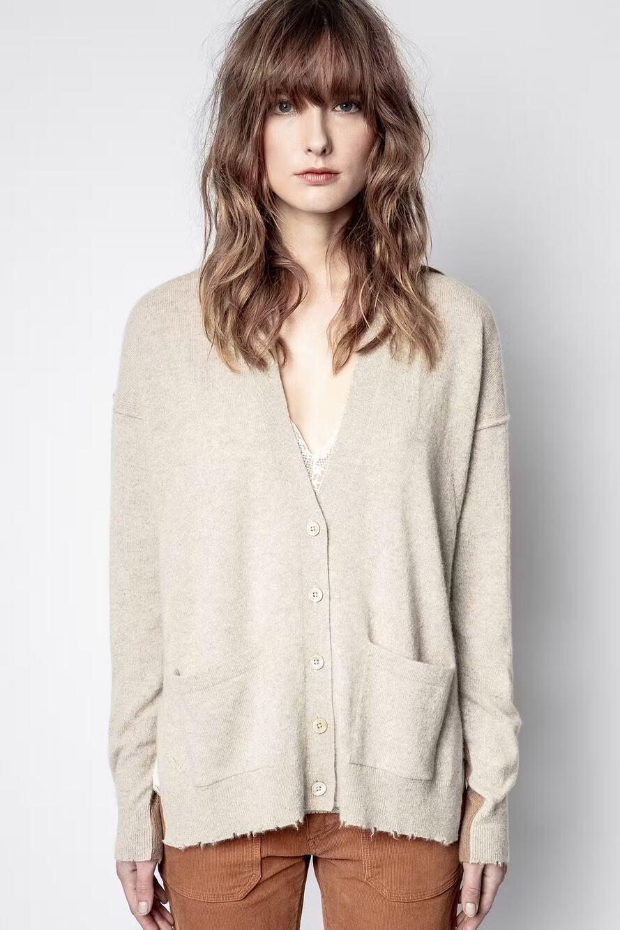 Zadig & Voltaire Scarlett Cashmere Two-Tone Cardigan Sweater Beige Brown S